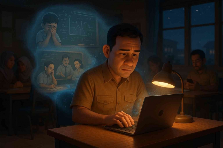 Ilustrasi Seorang Guru Sedang Menulis, Sumber: AI Image Generated ChatGPT4o Prompt By Jody Aryono