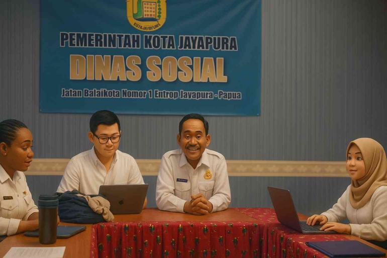 Source : AI Image Generated ChatGPT 4o from Real Pic Dinsos Papua Meeting Coordination Prompt By Jody Aryono